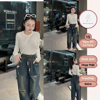  Quần Bò Baggy Nữ Cạp Chun Quần Jean Phối Dây Rút Nâu MeoMeo Xước Ống Phong Cách - 1500 