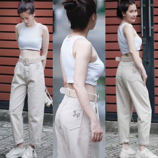 [DÀI 90cm] Quần Baggy Jean Nữ Thêu Thỏ Nhỏ Xinh Vải Mềm Lưng Cao Tôn Dáng