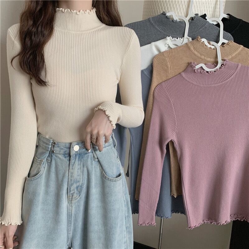 Áo Len Tăm Cổ Sóng Kiểu Dáng ôm Body Siêu Co Dãn Hàng QCCC Tay Dài Dễ Phối Đồ Phong Cách Hàn Quốc