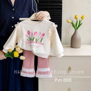 Đồ bộ bé gái, set bộ quần áo hoa Tulip da cá màu trắng mix quần hồng loe nhung tăm thu đông cho bé 10 -30kg Cherry Kids