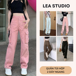  Quần Kaki Túi Hộp Nữ Quần hộp Ống Rộng Cạp Cao Dáng Dài thiết kế 2 dây ngang 4 màu trắng đen nâu hồng - Lea.studio 