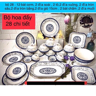Bát Đĩa-bộ bát đĩa hoa dây [28  món] Bộ chén dĩa sứ bát tràng cao cấp mẫu mới dùng được lò sóng,dày dặn