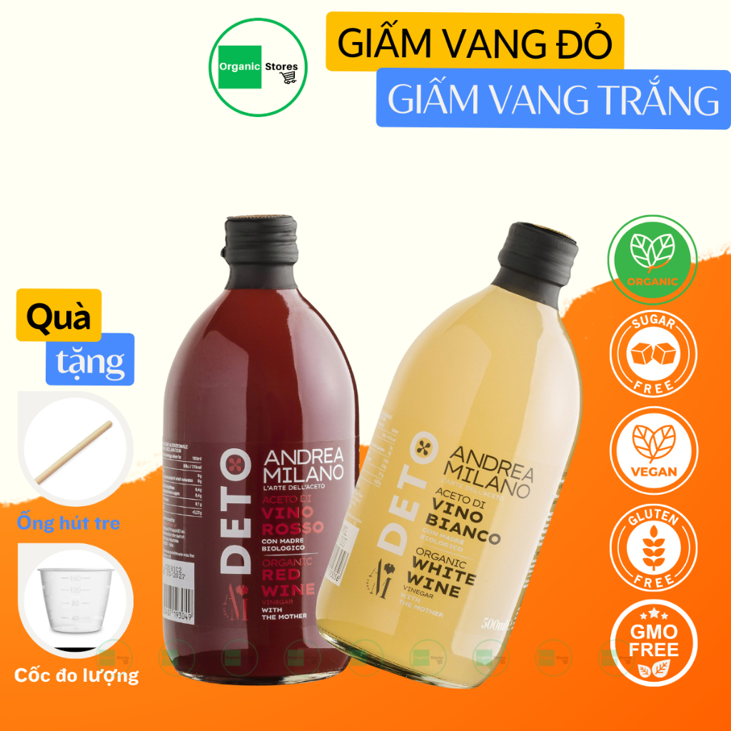 Giấm vang trắng - vang đỏ hữu cơ nguyên chất chai 500ml Milano - Ăn Kiêng - Giảm Cholesterol - Ăn thực dưỡng