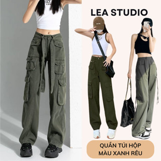  Quần Dài Kaki Túi Hộp Ống Rộng Cotton Cạp Cao Quần Túi Hộp Nữ Ống Suông Màu XANH RÊU - Lea.stuido 