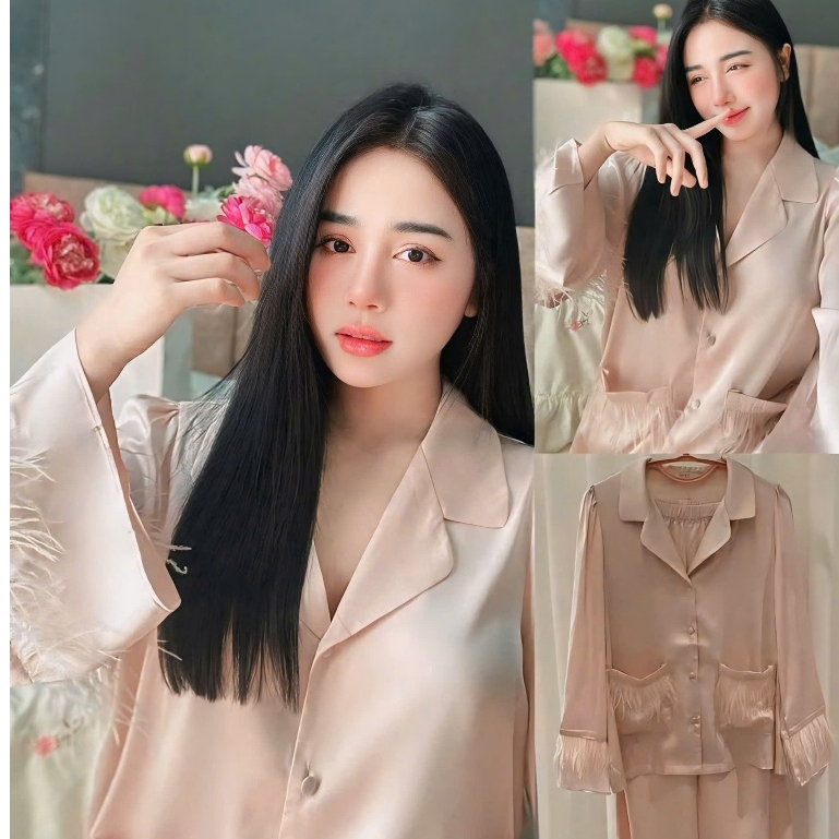 Đồ Bộ Mặc Nhà Tiểu Thư Với Áo Phối Lông Vũ Trên Túi Áo Va Tay Áo Sang Đẹp, Chất Lụa Latin Mềm Mịn Free Size 40-58kg