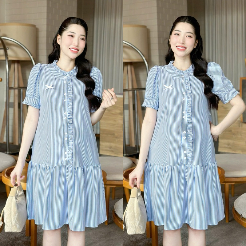 EVERMOM l Đầm bầu Havi sọc kẻ công sở dáng đuôi cá tay xếp