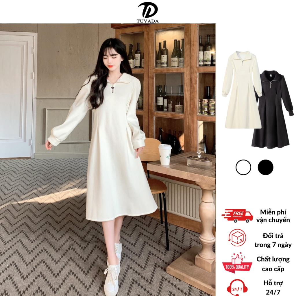 Váy dài tay polo basic Tuvada, XẢ 15K váy thu đông dáng dài, đầm dài tay nữ dáng dài - VPL137