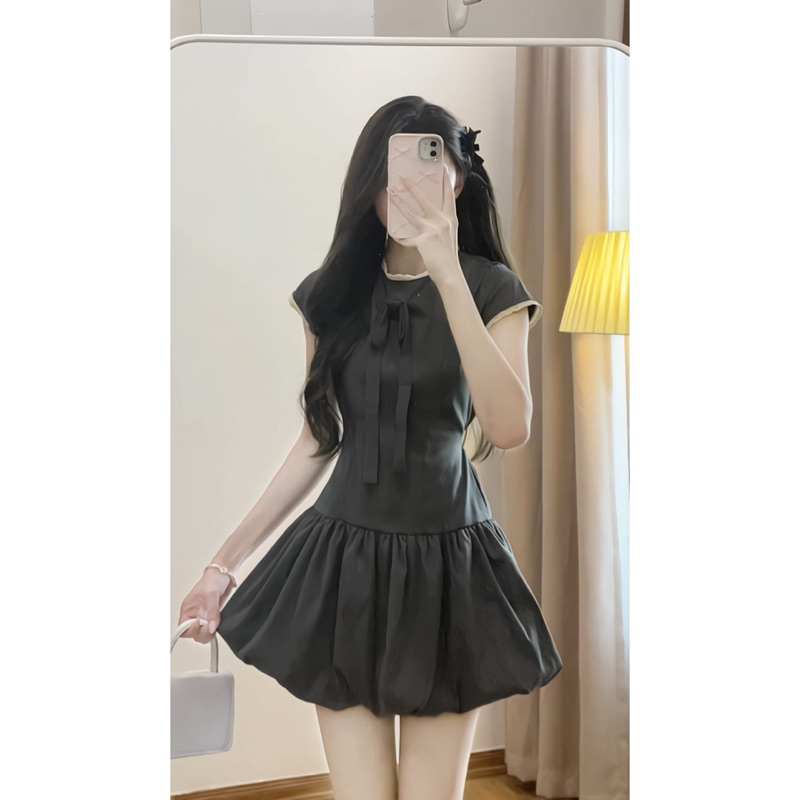 Váy Nữ Dáng Bí Cổ Tròn Phối Nơ Ngực, Đầm Nữ Chân Váy Dáng bí xoè ngắn Phối Ren Phong Cách Hàn Quốc HB802 | BigBuy360 - bigbuy360.vn