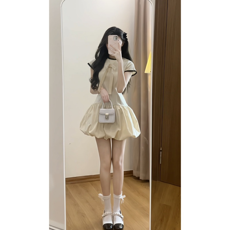 Váy Nữ Dáng Bí Cổ Tròn Phối Nơ Ngực, Đầm Nữ Chân Váy Dáng bí xoè ngắn Phối Ren Phong Cách Hàn Quốc HB802 | BigBuy360 - bigbuy360.vn