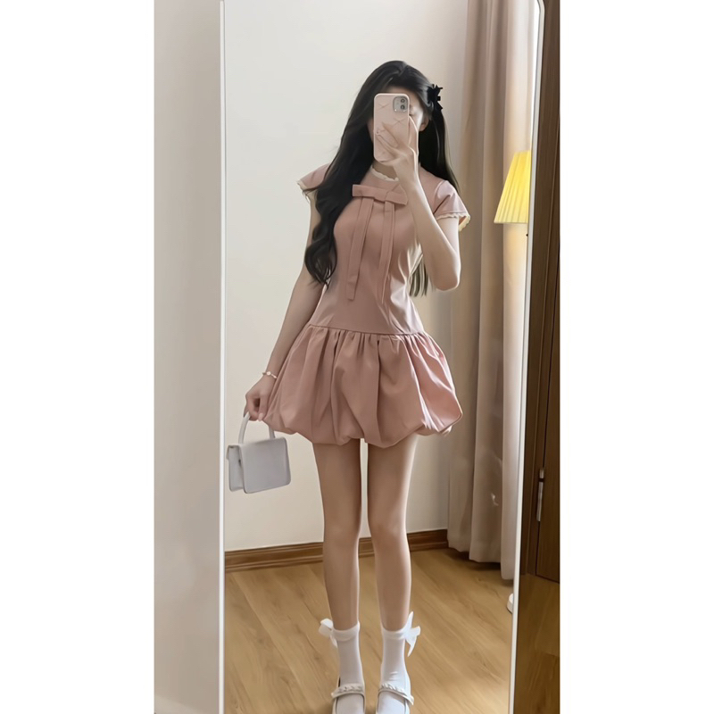 Váy Nữ Dáng Bí Cổ Tròn Phối Nơ Ngực, Đầm Nữ Chân Váy Dáng bí xoè ngắn Phối Ren Phong Cách Hàn Quốc HB802 | BigBuy360 - bigbuy360.vn