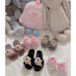  DÉP LÔNG nữ đi trong nhà mùa đông gắn QUE KEM GẤU đáng iu 