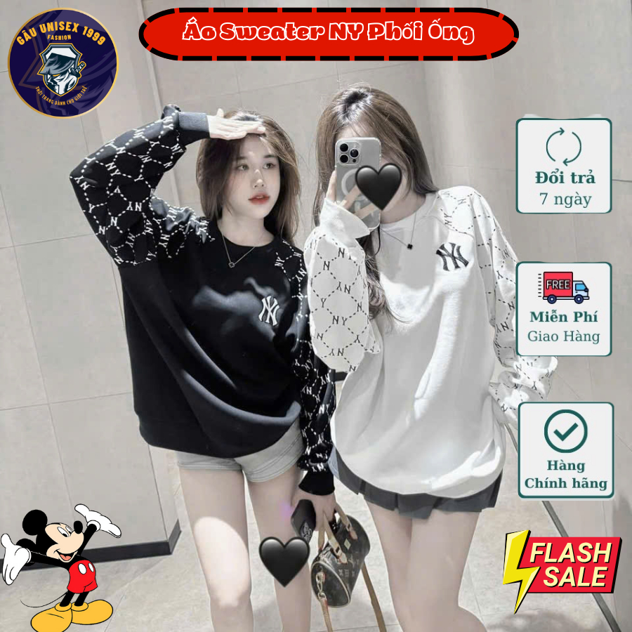 Áo Sweater MLB NY Phối Ống Tay Áo 💙 Chất Áo Dày Dặn, Cổ Tròn, Ấm Áp, Mùa Đông