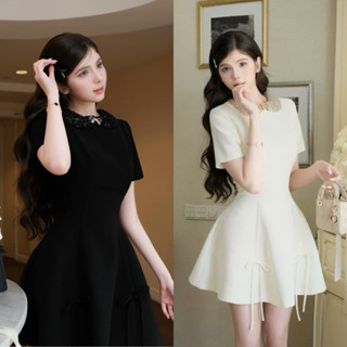 Đầm Váy Cổ Sen Đính Đá Mix Nơ Tay Ngắn Dáng Xoè Đính Nơ 2 Bên Tiểu Thư Bánh Bèo