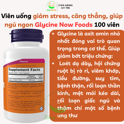 Viên uống giảm stress, căng thằng, hỗ trợ ngủ ngon bổ sung Glycine 1000mg Now Foods 100 viên.