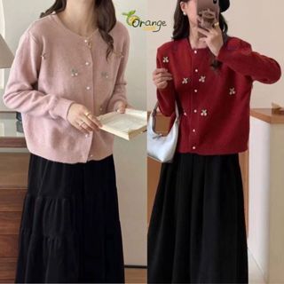 Áo Khoác Len Dệt Kim Cổ Tròn, Áo Len Lông Thỏ Mềm Mại Thêu Quả Cherry Tay Dài Cài Cúc Ngọc Phong Cách Hàn Quốc Orangeclo