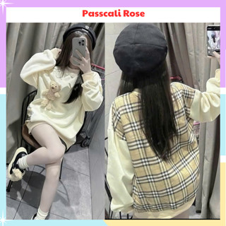 Áo sweater nữ form rộng dài tay chất nỉ dày dặn hoạ tiết kẻ sọc sau lưng kèm gấu xinh