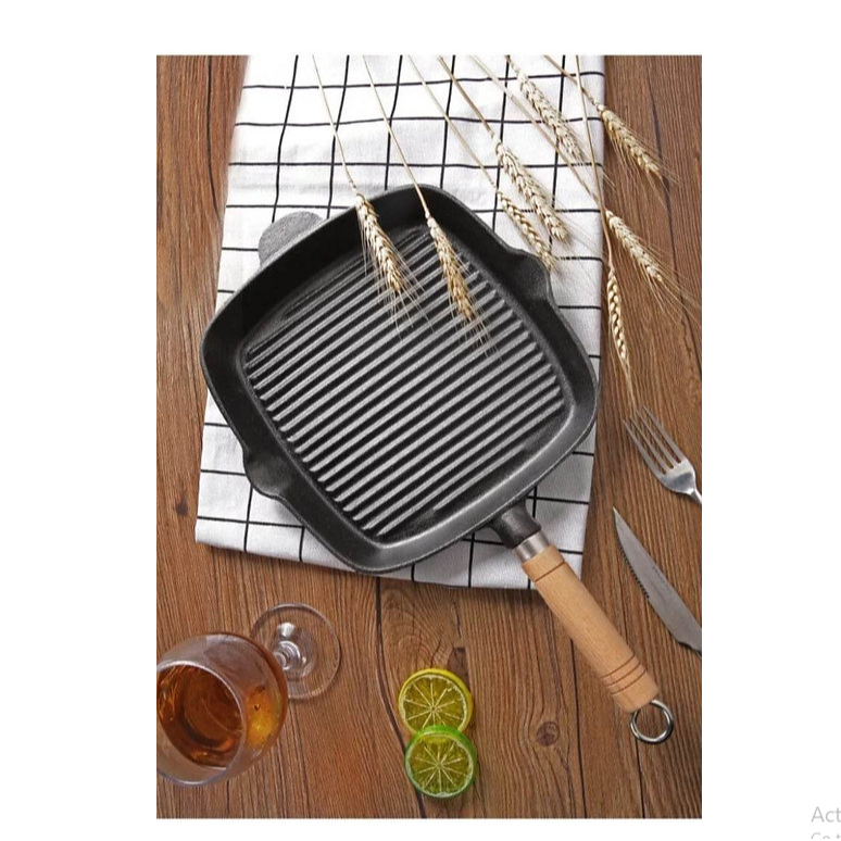 Cast Iron Grill Pan With Wooden Handle / Chảo Gang