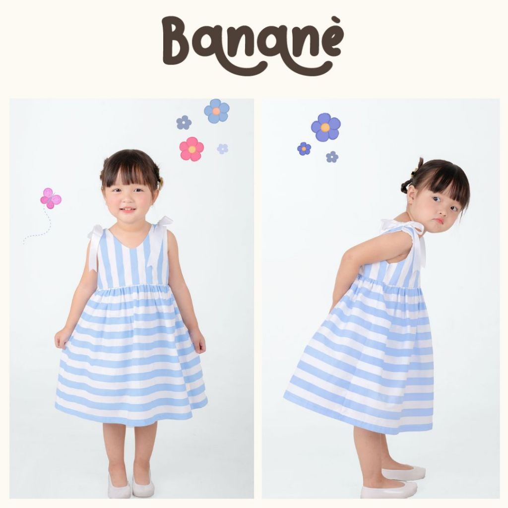 Đầm sát nách họa tiết kẻ sọc đáng yêu Bananè Kids Váy cotton có phối nơ vai xinh xắn cho bé gái váy thiết kế cao cấp