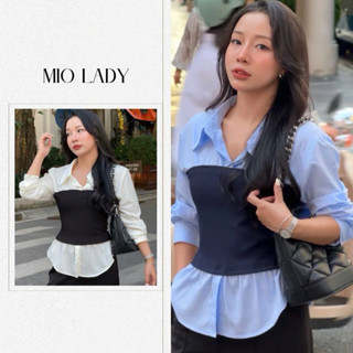 Miolady Áo Sơ Mi Phối Áo Bo Thun Cách Điệu, Áo Sơ Mi Phối Crop Thun, Áo sơ mi chất Thô Nhật Mềm Mịn Không nhăn