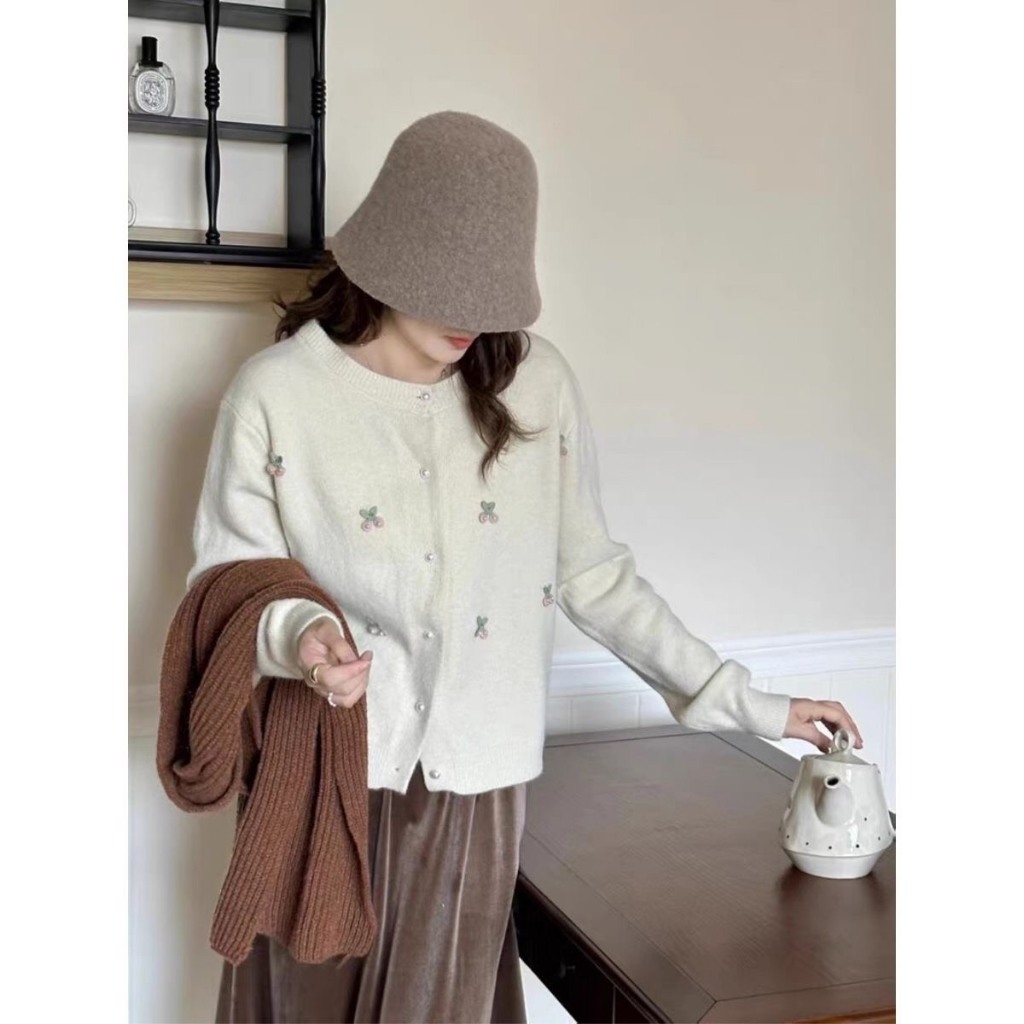 Áo Cadigan Len Lông Thỏ, Áo Len Dệt Kim Gắn Quả Cherry Cài Khuy Ngọc Chất Mềm Phong Cách Hàn Quốc Dễ Thương Shopquacam | BigBuy360 - bigbuy360.vn