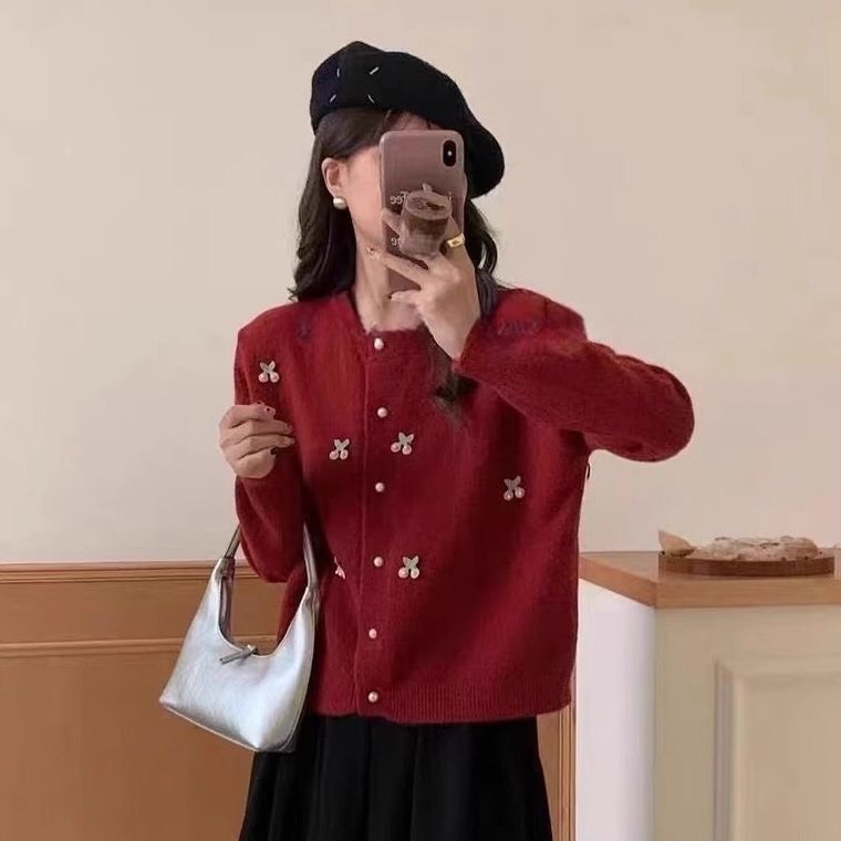 Áo Cadigan Len Lông Thỏ, Áo Len Dệt Kim Gắn Quả Cherry Cài Khuy Ngọc Chất Mềm Phong Cách Hàn Quốc Dễ Thương Shopquacam | BigBuy360 - bigbuy360.vn