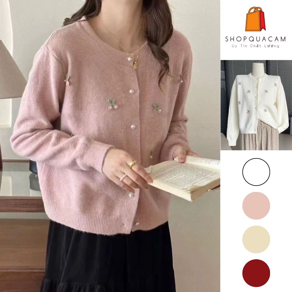Áo Cadigan Len Lông Thỏ, Áo Len Dệt Kim Gắn Quả Cherry Cài Khuy Ngọc Chất Mềm Phong Cách Hàn Quốc Dễ Thương Shopquacam