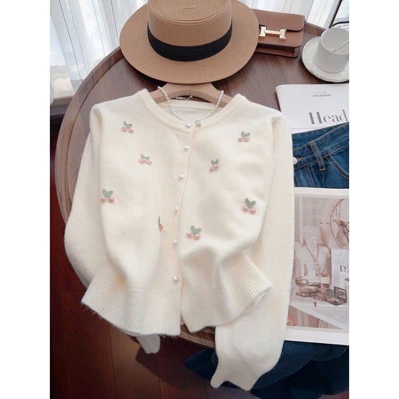 Áo Cadigan Len Lông Thỏ, Áo Len Dệt Kim Gắn Quả Cherry Cài Khuy Ngọc Chất Mềm Phong Cách Hàn Quốc Dễ Thương Shopquacam | BigBuy360 - bigbuy360.vn