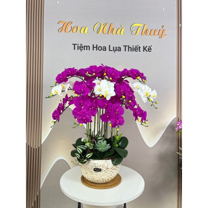 Mẫu 2024- Chậu khảm trai cắm hoa lan hồ điệp cao su cao cấp, chậu hoa cắm 1 hướng 13 cành hoa