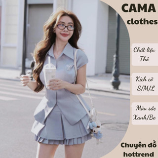Set đồ nữ áo sơ mi tay hến thêu nơ mix chân váy xếp ly Cama Clothes, đồ bộ nữ dáng ngắn triết eo chất thô mát HCOM2625