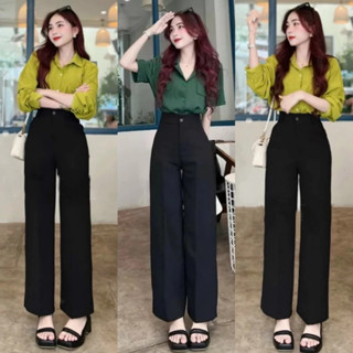  Quần ống rộng nữ cạp cao đi học làm chơi du lịch biển dáng dài quần tây ống rộng nữ lưng cao 1 khuy vải đen dày đáy cao 