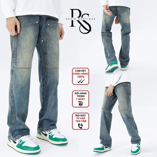 Quần Jean Nam Ống Rộng Khóa Kép 2 Bên Wash Màu Retro Quần Bò Nam Túi Hộp Khóa Kéo Vintage Phong Cách 