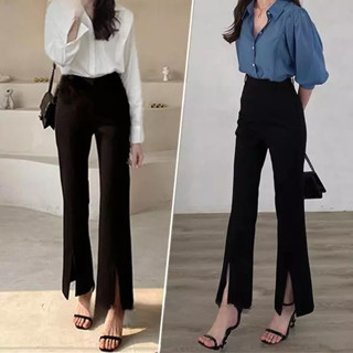  Quần ống loe xẻ gấu trước cạp cao tôn dáng màu đen - Quần tây ống loe lưng cao xẻ tà ống vẩy cá đính điệu công sở hẹn hò 