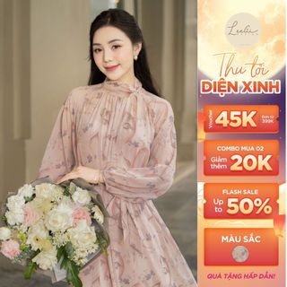 Đầm suông dáng dài Chifon LiLiQiQi By LeeGi cổ tròn hoạ tiết hoa ly hồng đất - DS7128
