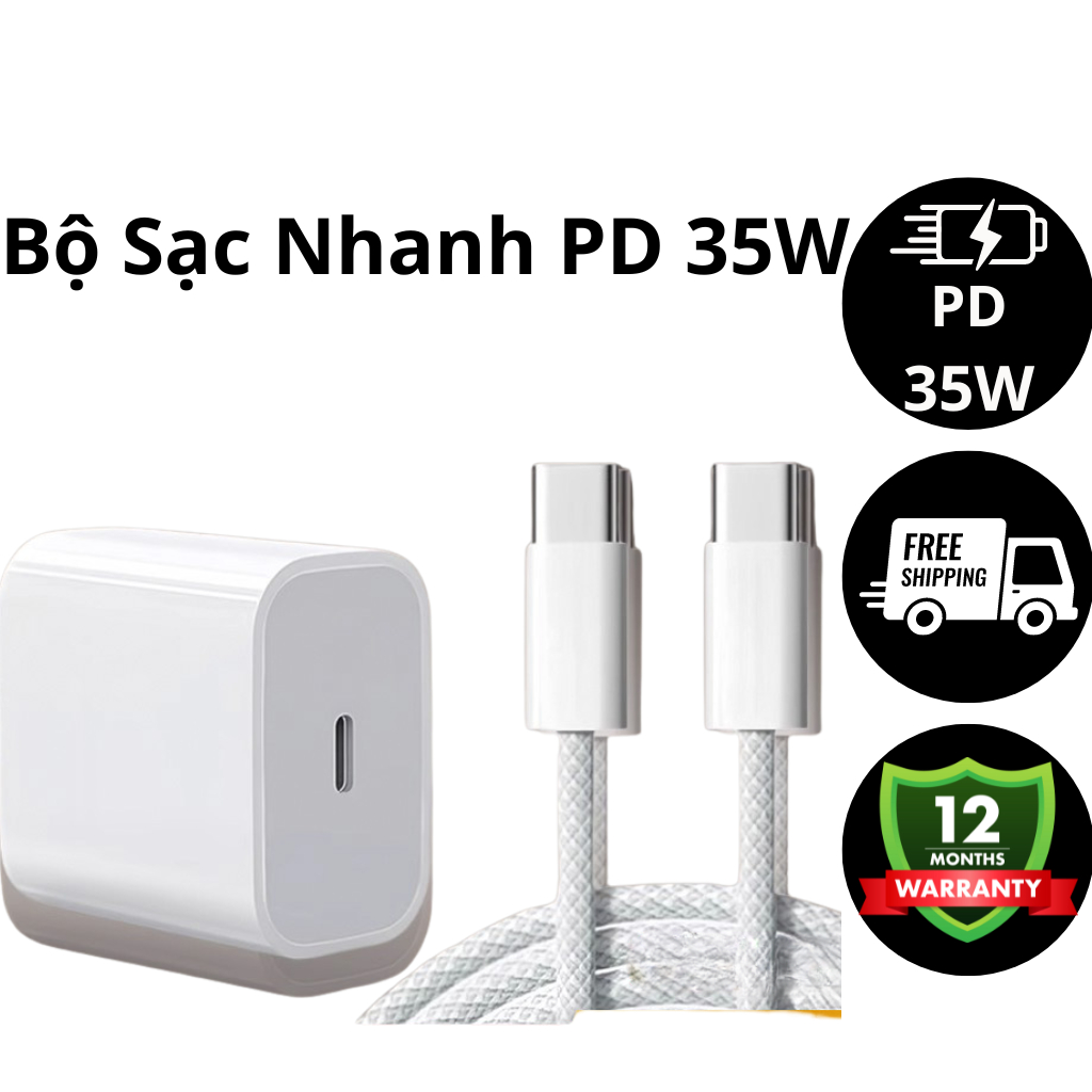 Bộ Sạc Nhanh PD 35W Chân Dẹp, Cóc Cáp Sạc Nhanh C To C 35W Phù Hợp Sạc Cho Các Dòng 15 và 15 Promax.
