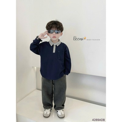 Áo dài tay polo Beemo vạt bầu vải cá sấu co giãn cho bé trai từ 9-24kg 4289ADB