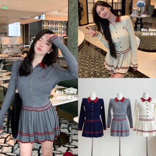 Set áo len cổ đức viền đỏ phối cvay xếp ly (set 2 chi tiết) phong cách hàn quốc hàng QC