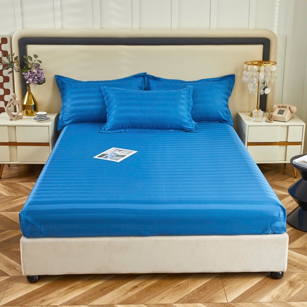 Size ga m6) SET 3 Món Ga Gối Cotton kẻ 3F chuyên dùng cho Khách Sạn, home stay ,Vải Bóng , Mềm mịn (