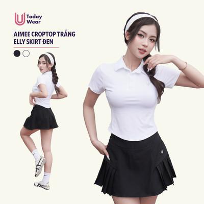 Set đồ tập gym yoga thể thao áo Aimee croptop trắng mix chân váy Elly skirt đen Today U Wear