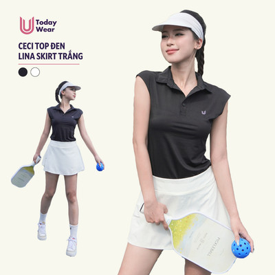 Set bộ đồ thể thao nữ áo polo Ceci Top đen mix chân váy Lina Skirt trắng Today U Wear cầu lông chạy bộ tennis pickleball