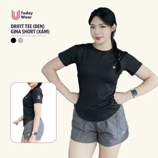 Set đồ tập gym yoga thể thao áo Essential Dri-FIT đen mix quần Gina short xám Today U Wear cầu lông tennis pickleball
