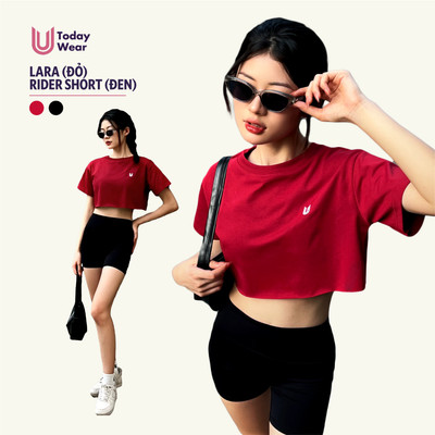 Set đồ tập gym yoga nữ áo Lara đỏ mix quần Rider đen Today U Wear năng động thoải mái tennis pickleball