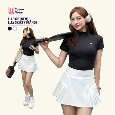 Set bộ đồ thể thao nữ áo Lia Top đen mix chân váy Elly Skirt trắng Today U Wear cầu lông tennis pickleball bóng bàn