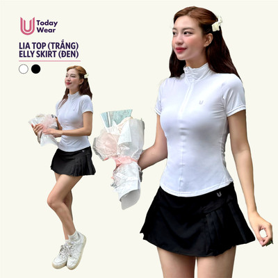 Set bộ đồ thể thao nữ áo Lia Top trắng mix chân váy Elly Skirt đen Today U Wear chơi Pickleball