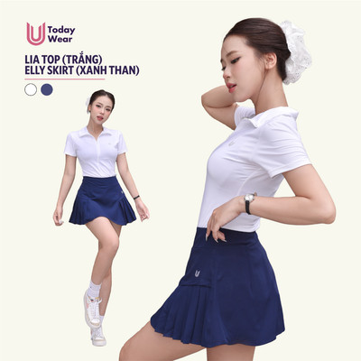 Set đồ tập gym yoga thể thao áo Lia top trắng mix chân váy Elly skirt xanh than Today U Wear