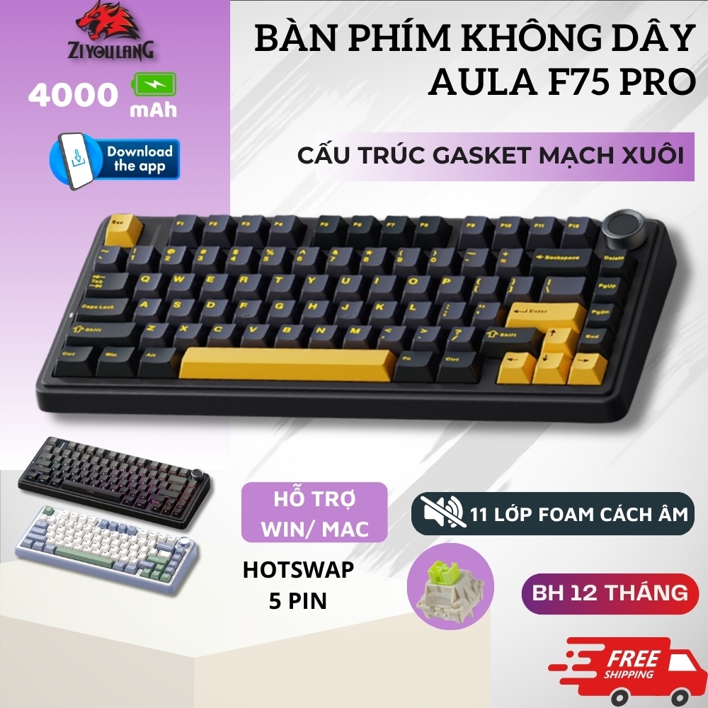 Bàn Phím Cơ Không Dây Ziyoulang Aula F75 Pro V2 Hotswap 5 Pin Mạch Xuôi Led RGB, Có App Tùy Chỉnh
