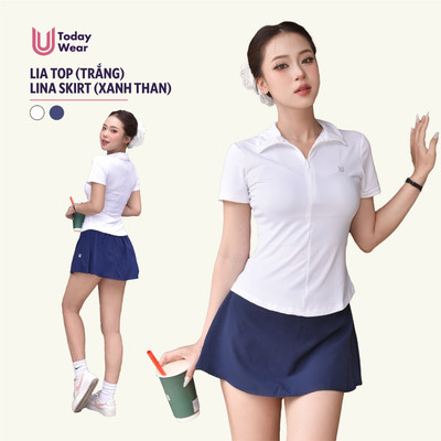 Set đồ tập gym yoga thể thao áo Lia top trắng mix chân váy Lina skirt xanh than Today U Wear