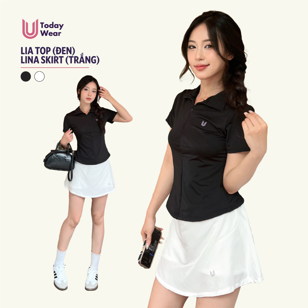 Set bộ đồ thể thao nữ áo Lia Top đen mix chân váy Lina Skirt trắng Today U Wear cầu lông tennis pickleball bóng bàn | BigBuy360 - bigbuy360.vn