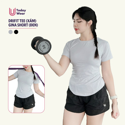 Set đồ tập gym yoga thể thao áo Essential Dri-FIT xám khói mix quần Gina short đen Today U Wear