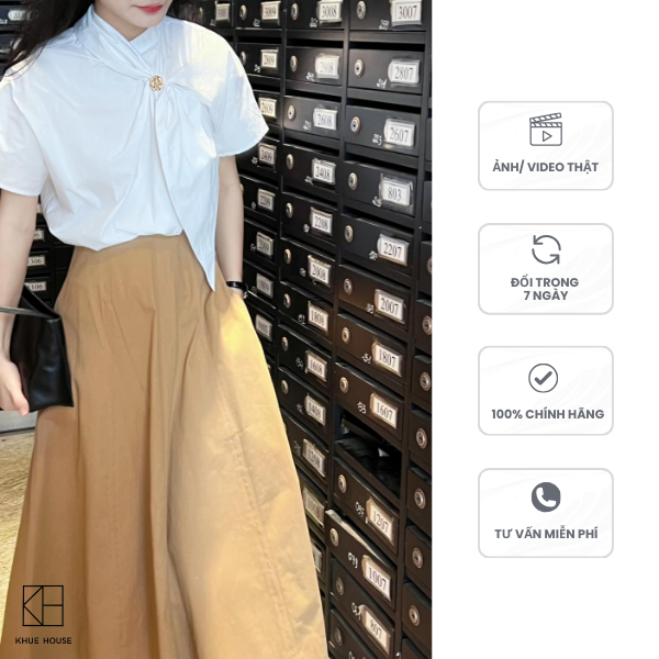 Áo sơ mi nữ KHUE HOUSE sơ mi lá công sở Bow kèm cúc vàng chất liệu thô mềm mịn phong cách thanh lịch (sơ mi lá ngắn tay)