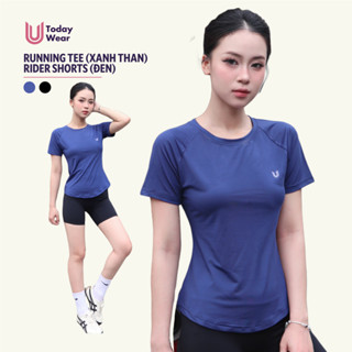 Set đồ thể thao nữ tập gym yoga áo Running Tee xanh mix quần Rider đen Today U Wear cầu lông chạy bộ tennis pickleball